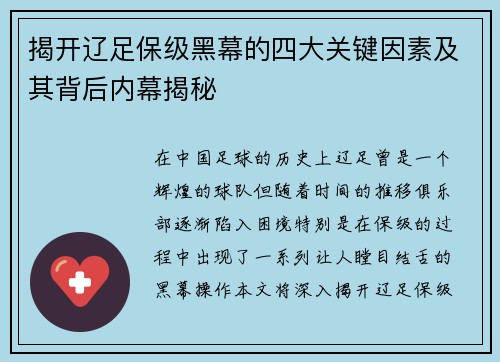 揭开辽足保级黑幕的四大关键因素及其背后内幕揭秘